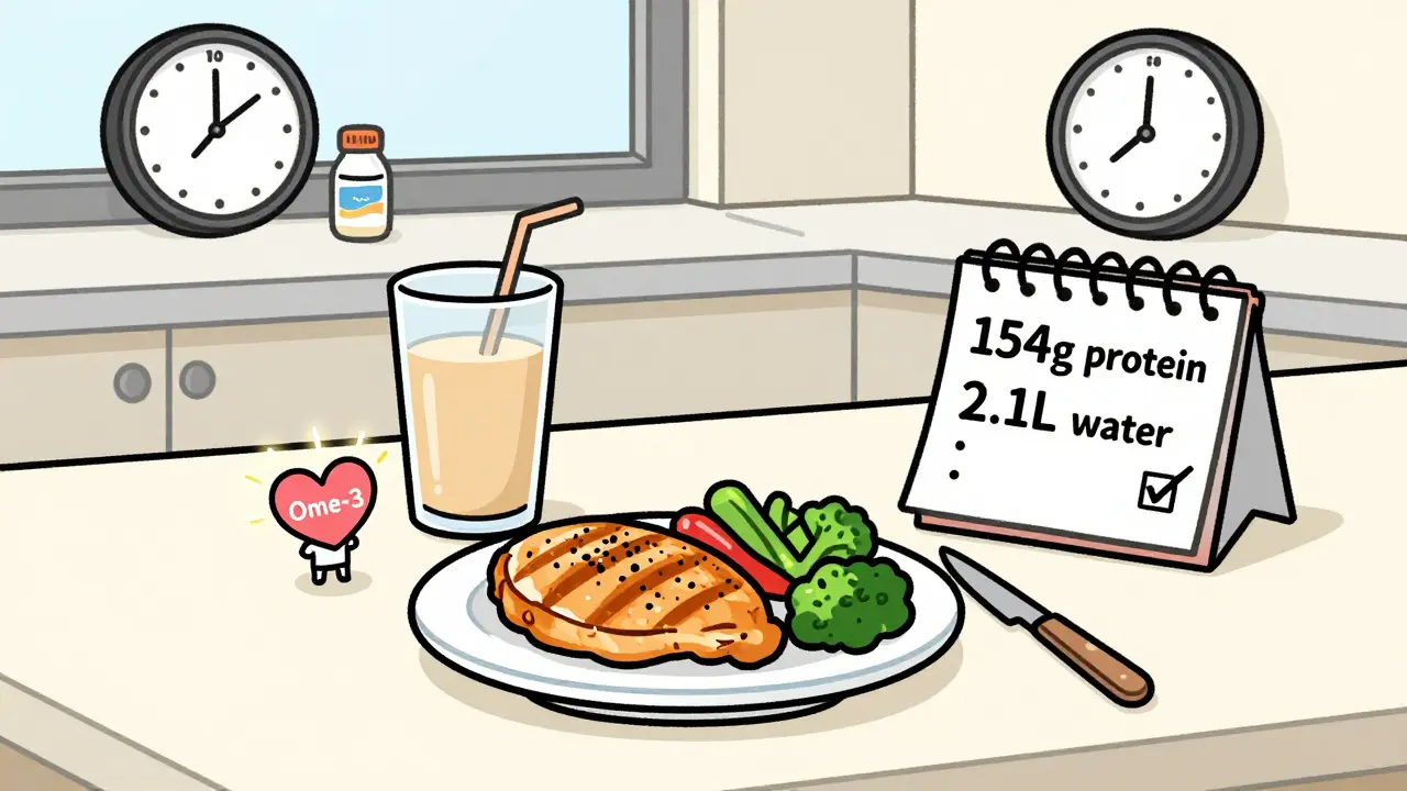 Сбалансированный ужин с протеином, водой и омега-3 на кухонной стойке, рядом заметки о питании.