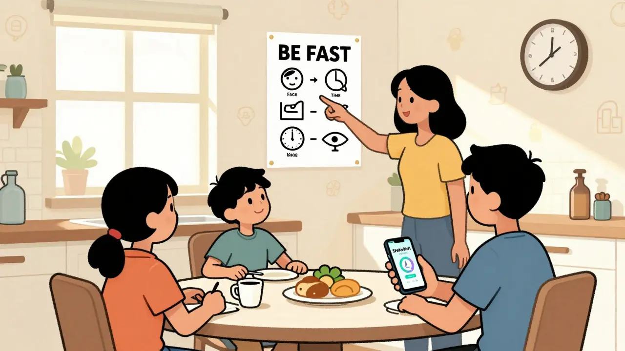 Семья смотрит на плакат BE FAST, ребёнок показывает на приложение для распознавания инсульта на телефоне.