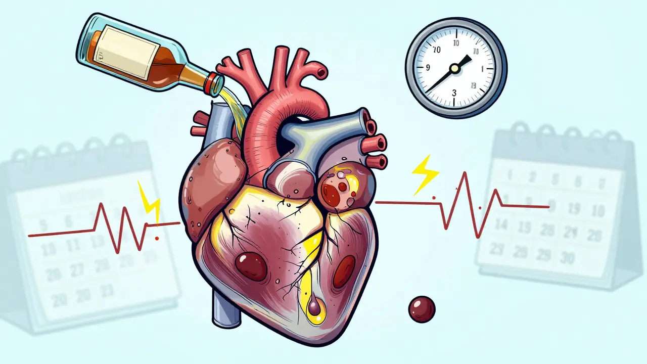 Сердце, растянутое и повреждённое алкоголем, с тромбами и нарушениями ритма, в стиле линейной иллюстрации.