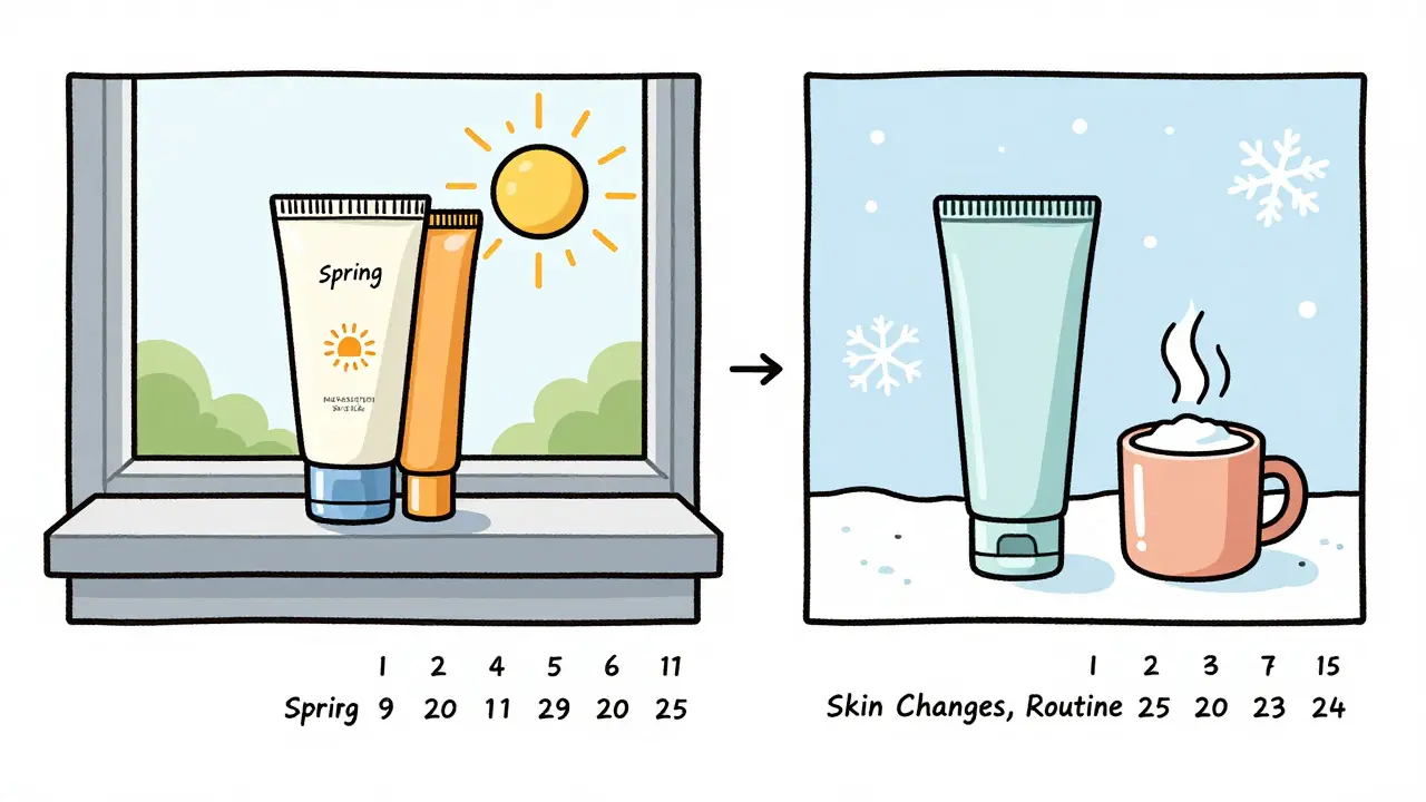 Сезонные изменения в уходе за кожей: весна и зима, показанные через простые средства и природные элементы.