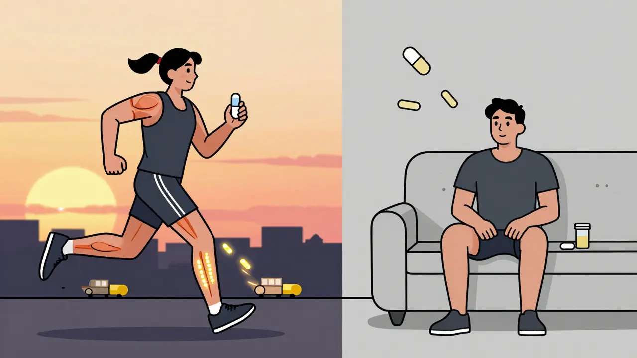 Спортсмен бежит на закате с L-карнитином — жир транспортируется в митохондрии, в другом кадре он бездействует.