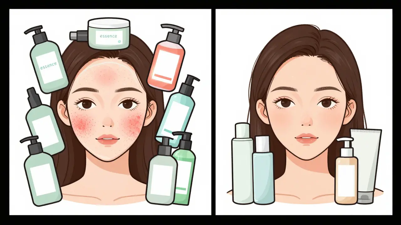 Сравнение хаотичного ухода за кожей и минималистичного — сухая и раздражённая кожа против здоровой.