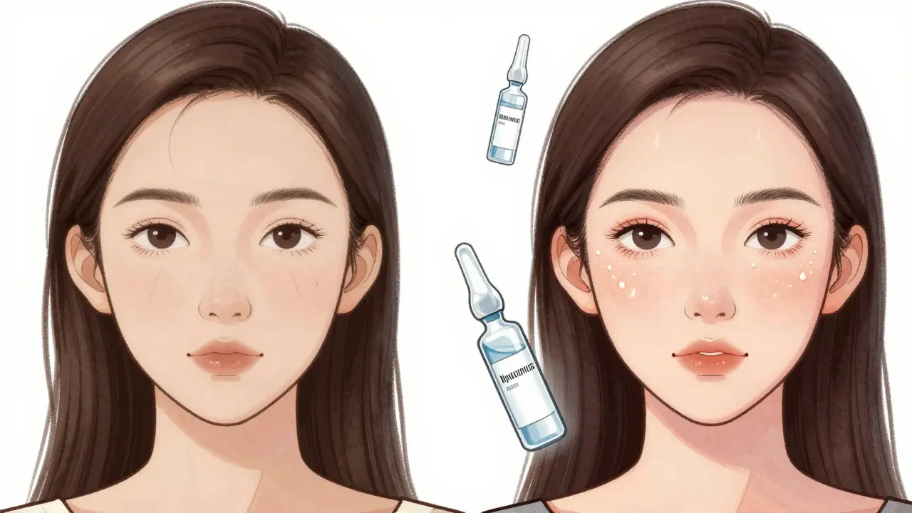 Сравнение лица до и после инъекционных процедур с прозрачными флаконами препаратов, плавающими рядом.