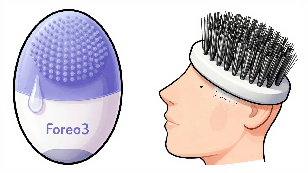 Сравнение силиконовых и нейлоновых щетинок на коже лица с деталями пор.