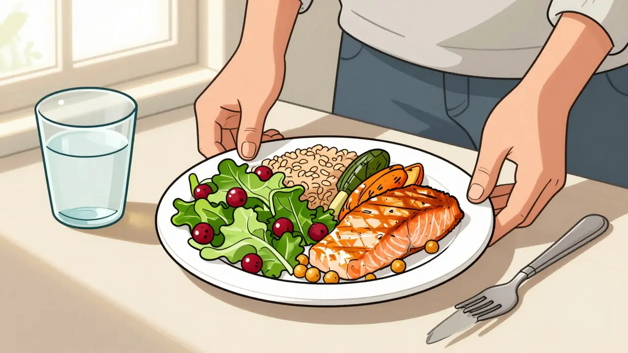 Тарелка с половиной овощей и фруктов, четвертью зерновых и четвертью рыбы, стоящая на кухонном столе.