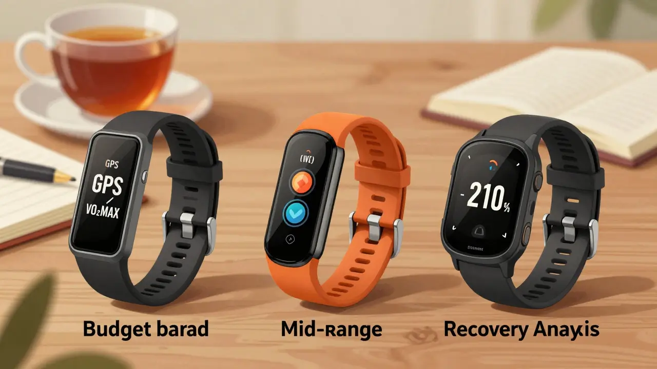 Три фитнес-гаджета на столе: бюджетный, средний и премиум-класс, с визуальными подсказками их функций.