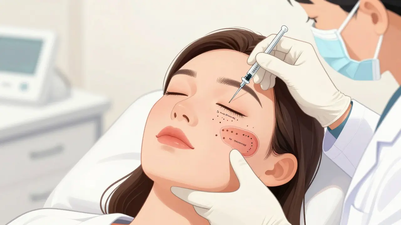 Врач аккуратно вводит филлер разной плотности в разные слои лица, показаны глубина и объём.