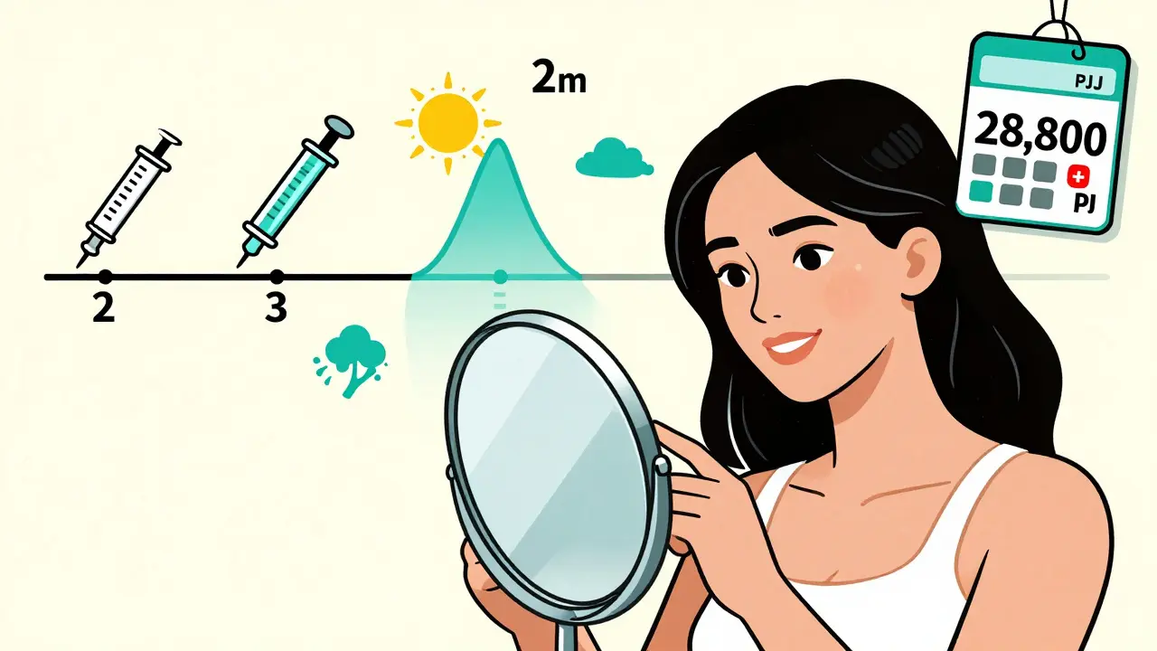 Женщина сияющей кожей смотрит в зеркало, рядом — временная шкала и скидка на курс.