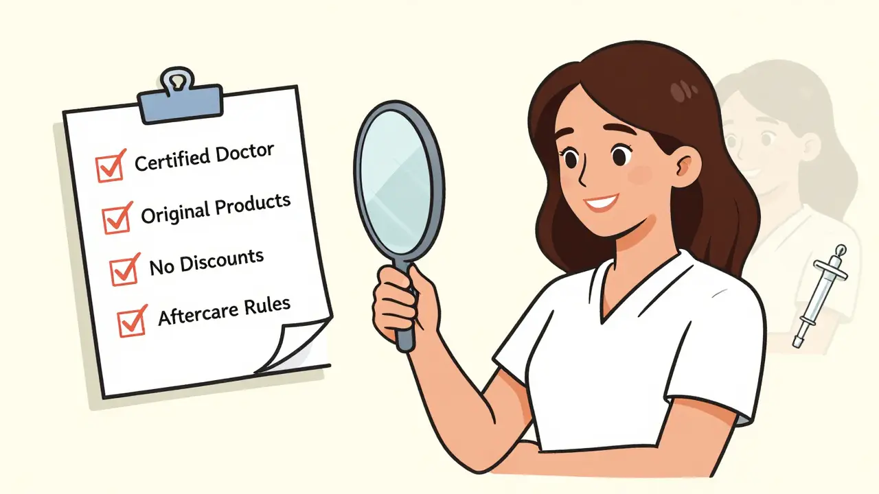 Женщина смотрит в зеркало, рядом — чек-лист безопасных практик инъекционной косметологии.