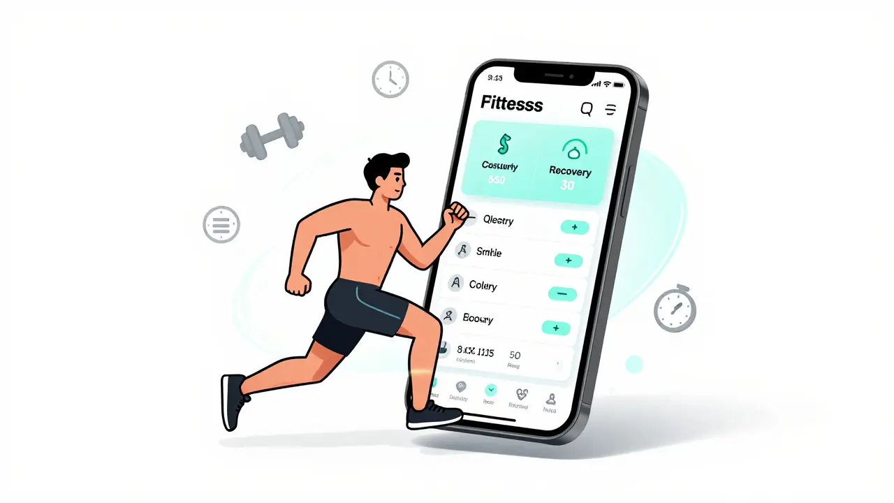 Атлет с цифровым интерфейсом персонализированной тренировки, показывающим восстановление мышц.