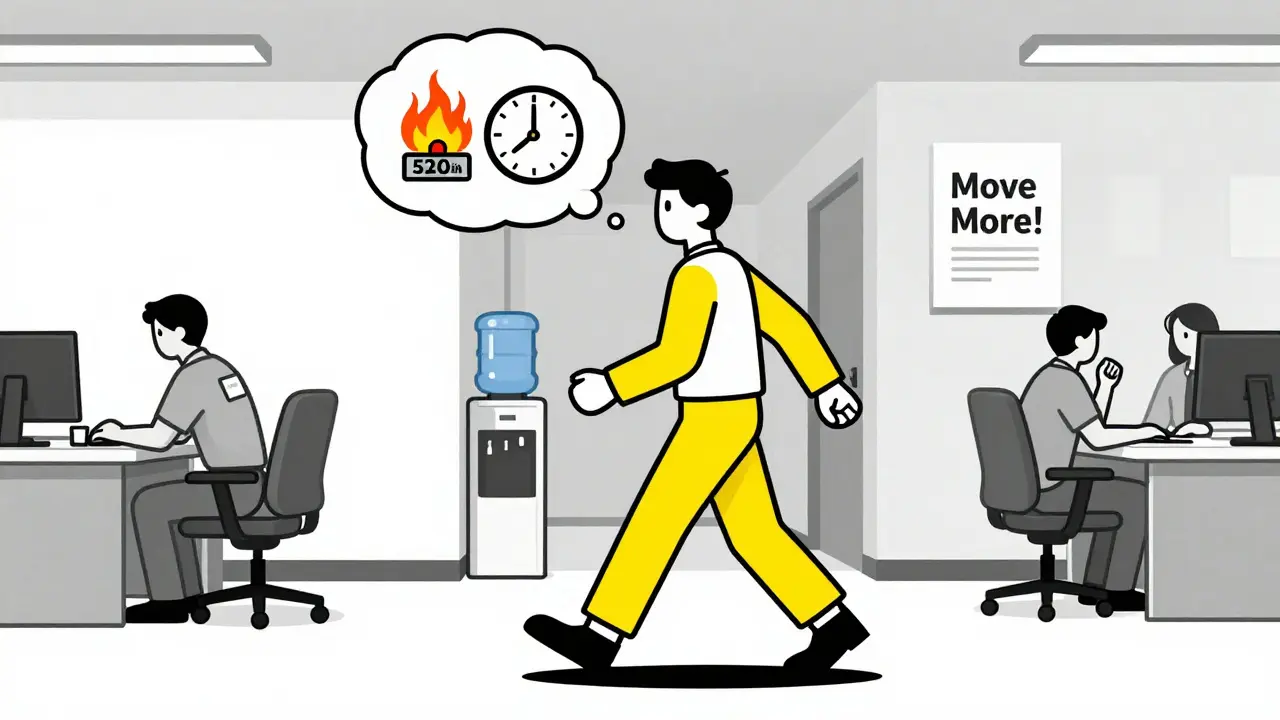 Человек идет по коридору на работе, мысль о сжигании калорий над головой.