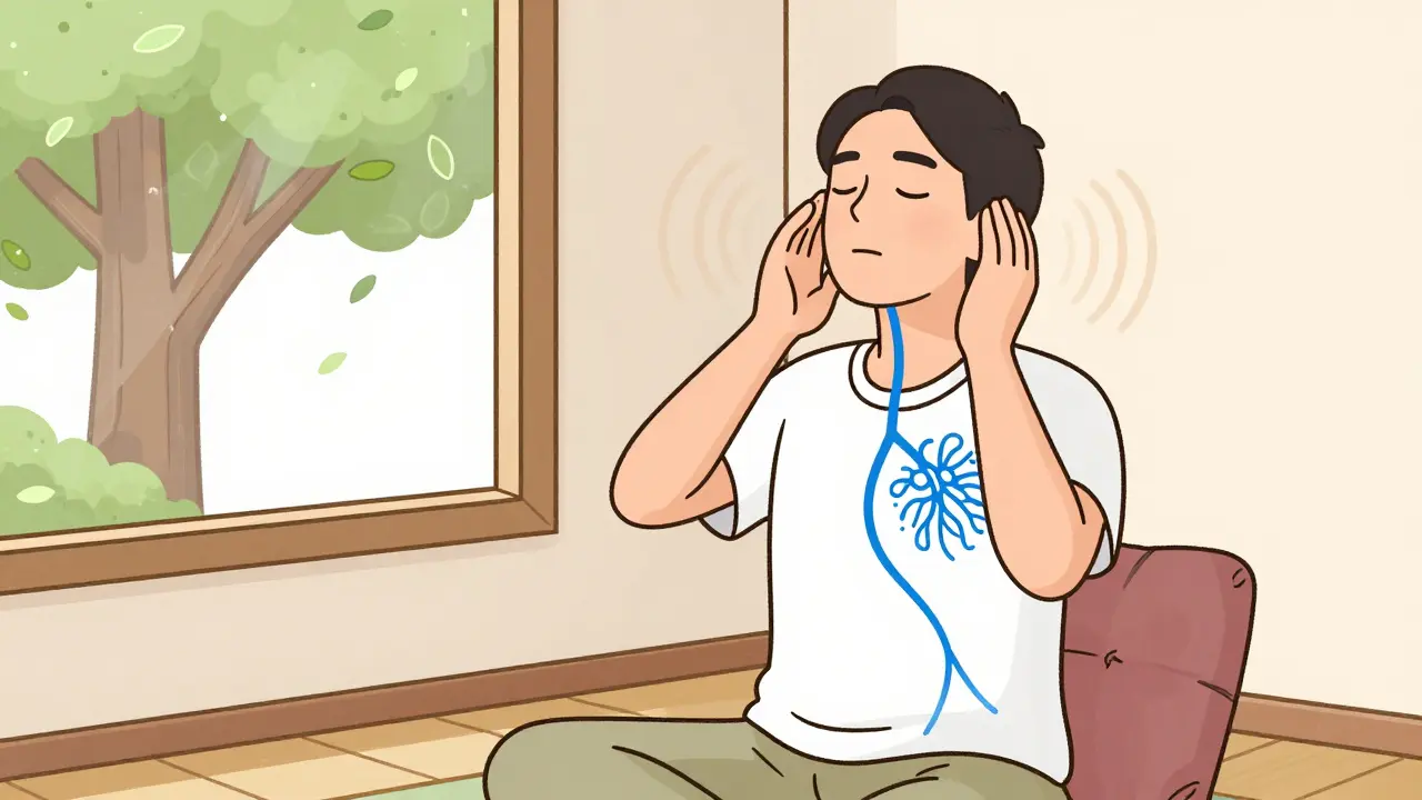 Человек практикует дыхание Брамари, руки у ушей, от горла расходятся вибрационные кольца, соединяющие тело с мозгом.