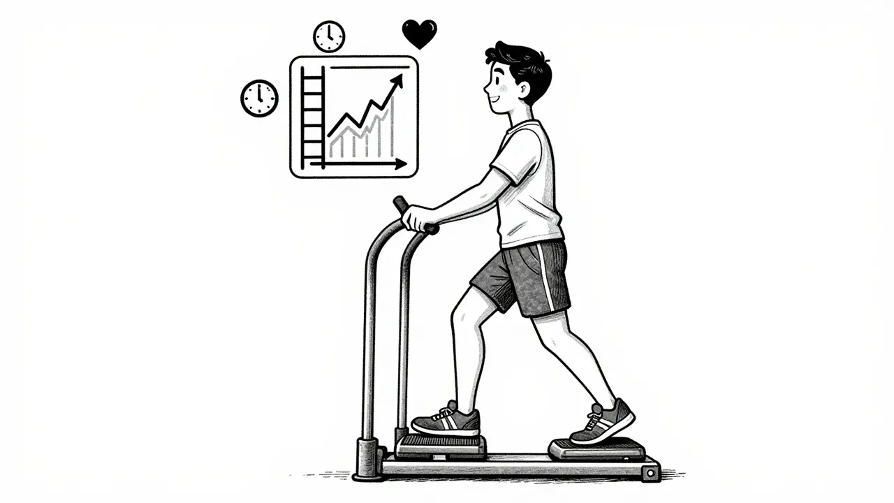 Человек занимается на степпере с ручками, правильно держа спину, рядом — символы тренировки.