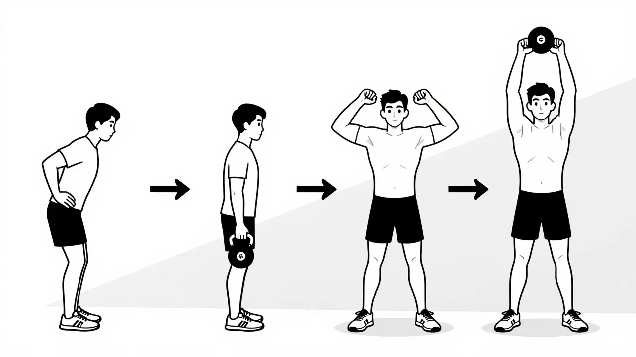 Четыре этапа освоения махов гирей: от безвесового упражнения до работы с тяжелой гирей.