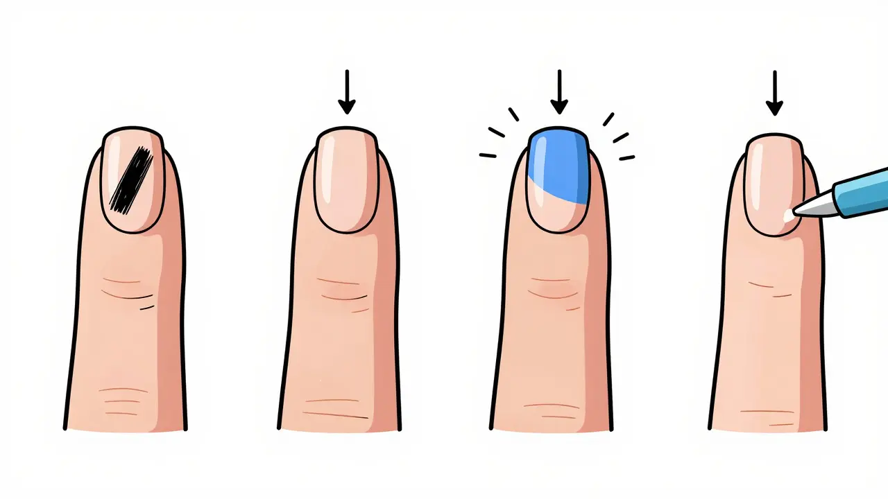 Четыре техники нанесения лака, показанные на пальцах с коррекцией подтека.