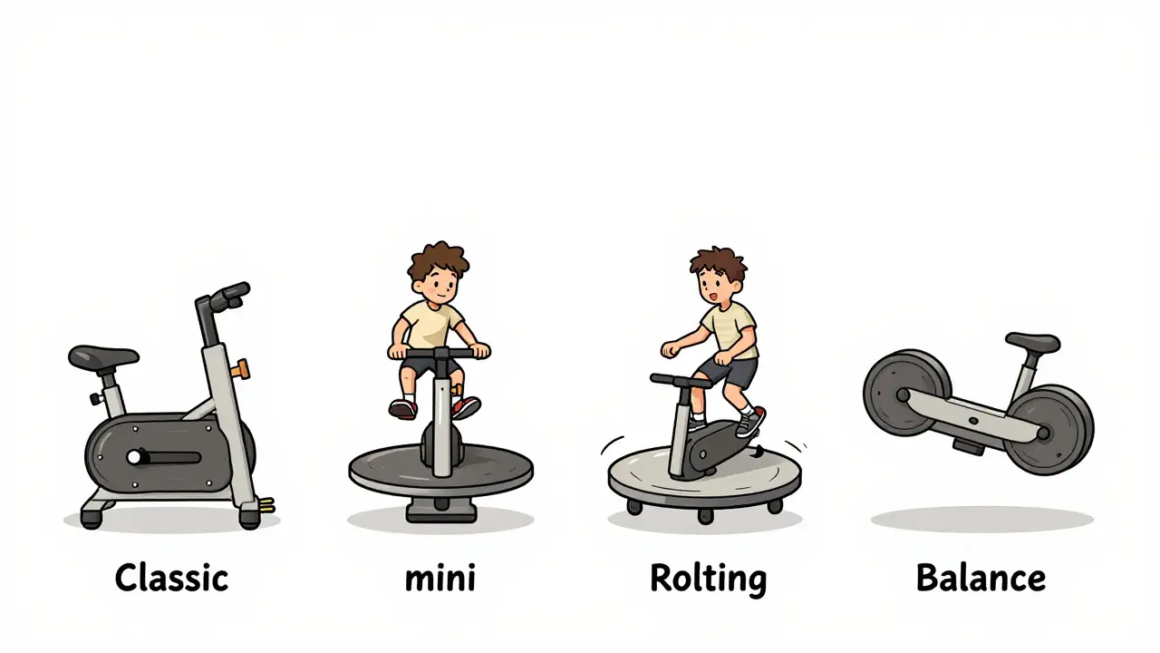 Четыре типа степперов: классический, мини, поворотный и балансировочный, визуально сравнены.