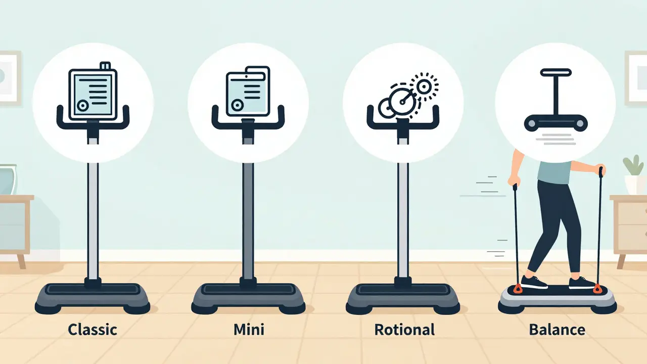 Четыре типа степперов рядом, человек использует мини-модель с эспандерами.