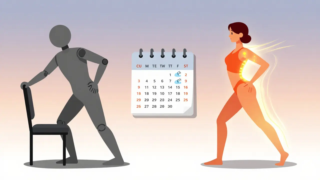 До и после: человек, который стал гибче после месяца утренней мобилизации суставов, с визуальным переходом от тусклого к яркому.