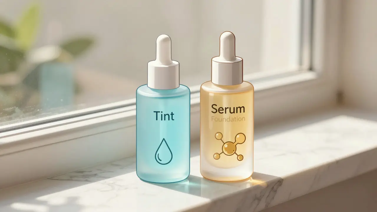 Две косметические бутылочки — тинт и сывороточный тон — стоят на подоконнике с символами ухода.