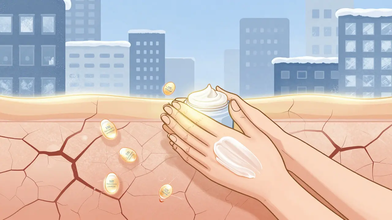 Лосьон и крем нанесены слоями на кожу зимой, микрокапсулы проникают в кожу.