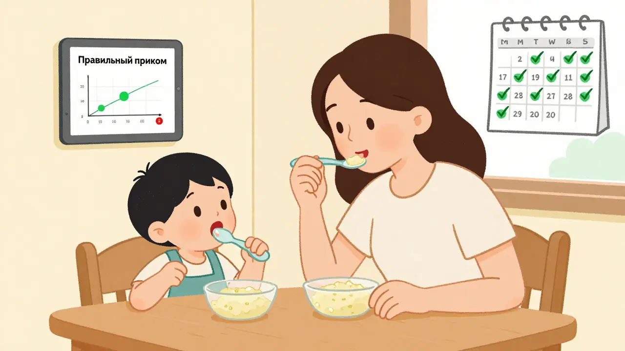 Мама и ребенок едят вместе, демонстрируя педагогический прикорм с улыбкой и повторением движений.