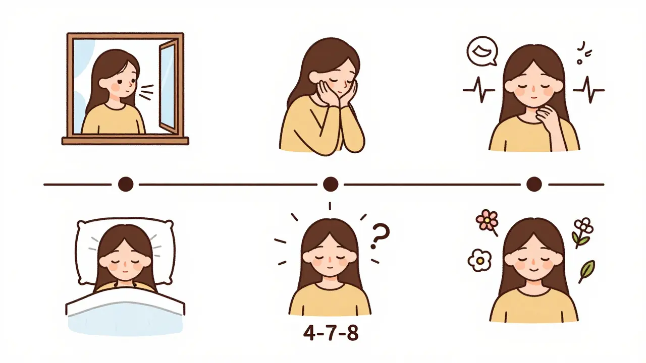 Последовательность из пяти сцен за 30 дней: утреннее дыхание, пауза в течение дня, вечерняя практика, сон, и спокойное лицо с символами мира.