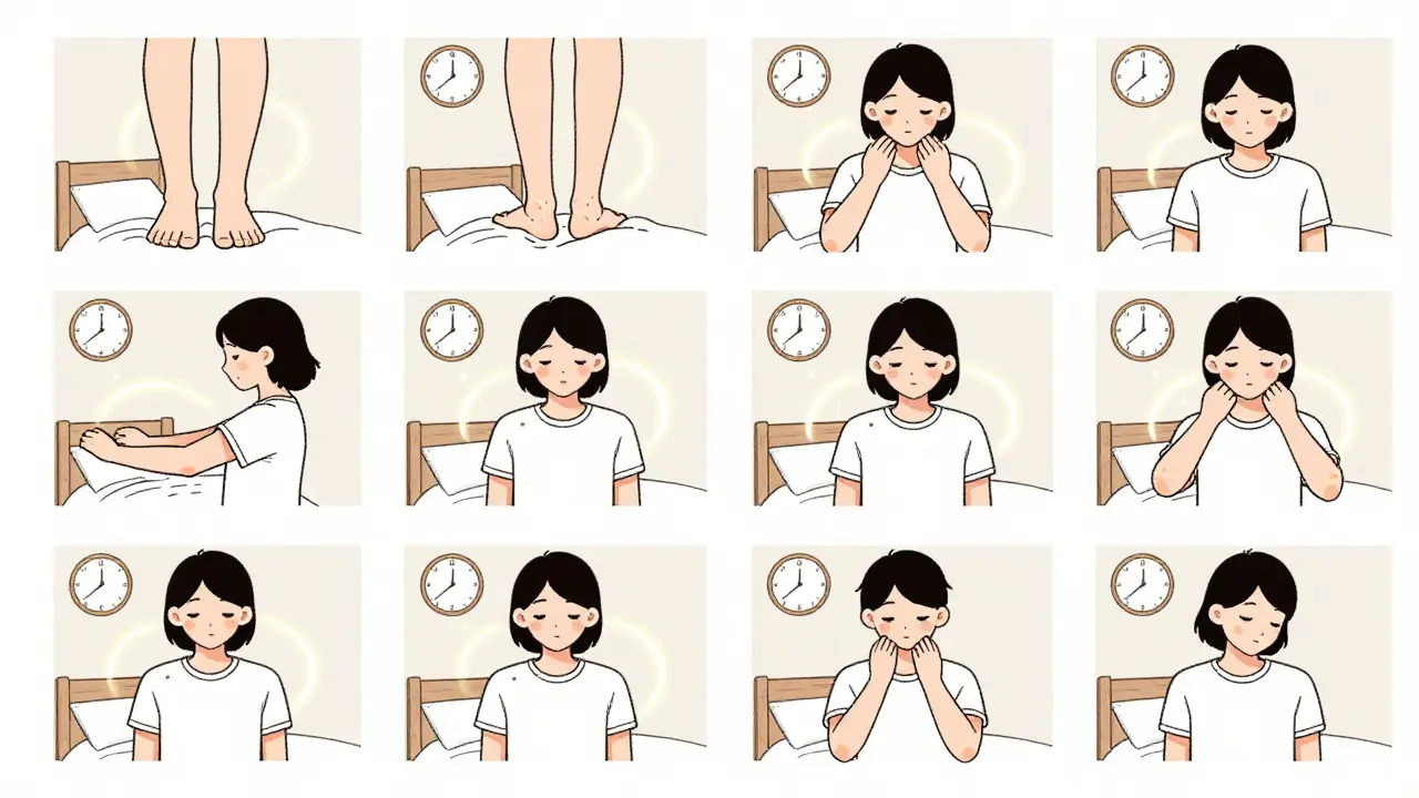 Последовательность из восьми упражнений для суставов: от стоп до шеи, каждое в отдельной иллюстрации с линиями движения.