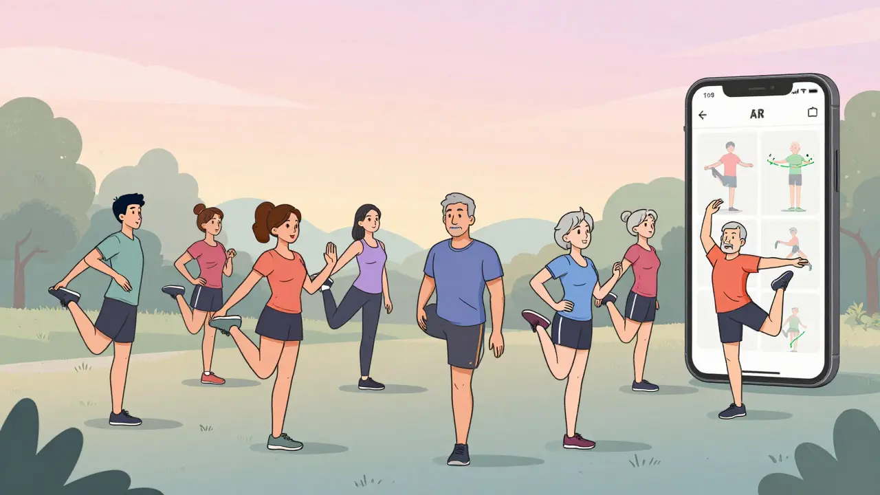 Разные люди делают динамическую разминку в парке на рассвете, включая пожилого человека с модифицированными движениями.