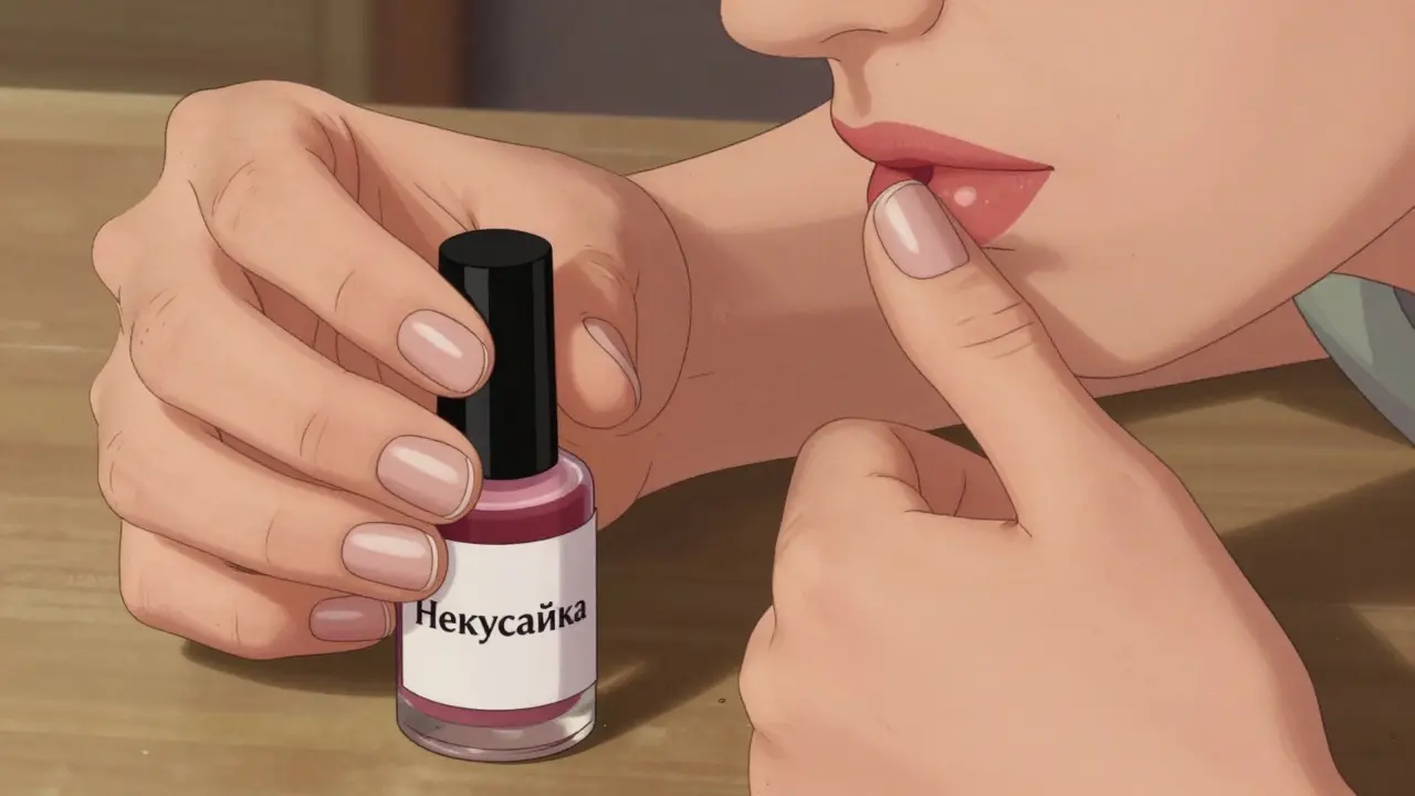 Руки с гель-лаком и горьким лаком, один палец остановился у рта.