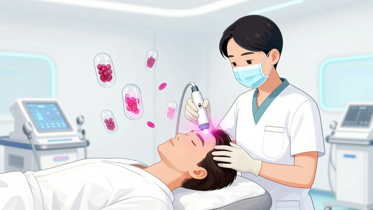 Современный кабинет 2026 года: мезотерапия с экзосомами и фотодинамической терапией, мягкий розовый свет.