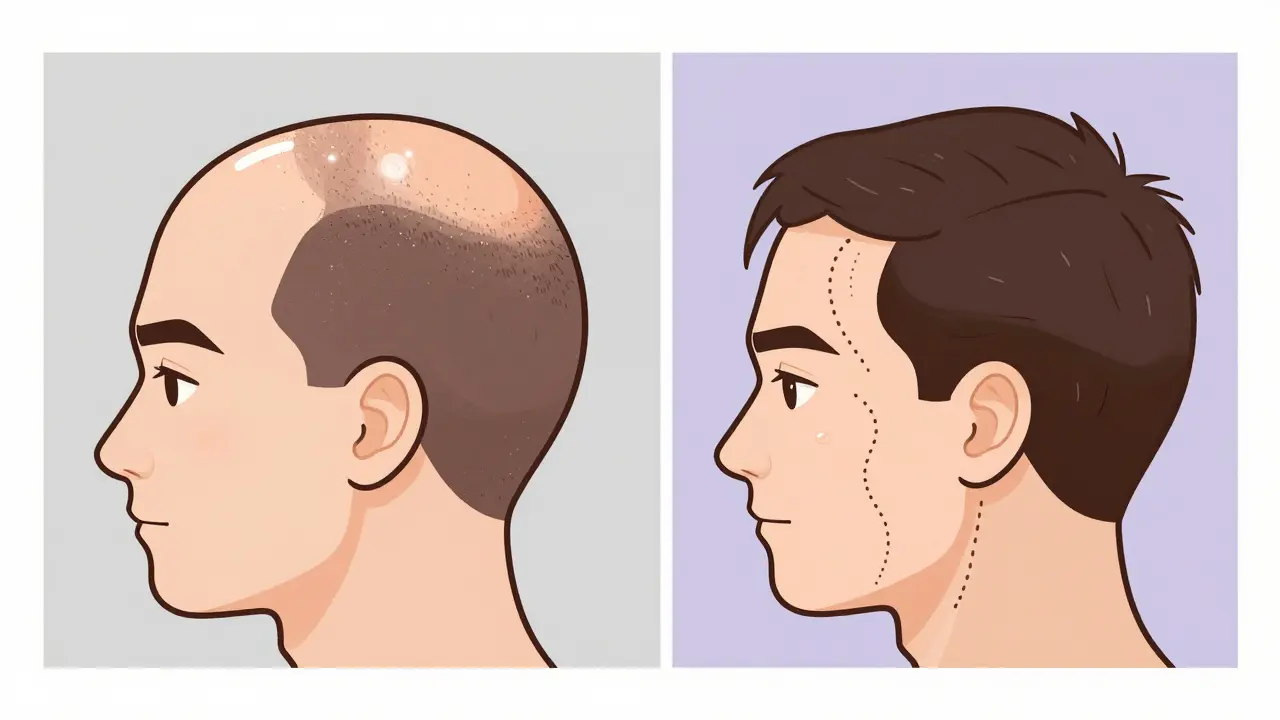 Сравнение двух скальпов: с выпадением волос и после лечения мезотерапией, с улучшенным кровотоком.