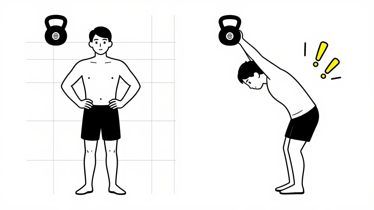 Сравнение правильной и неправильной техники маха гирей: прямая спина против сутулости.