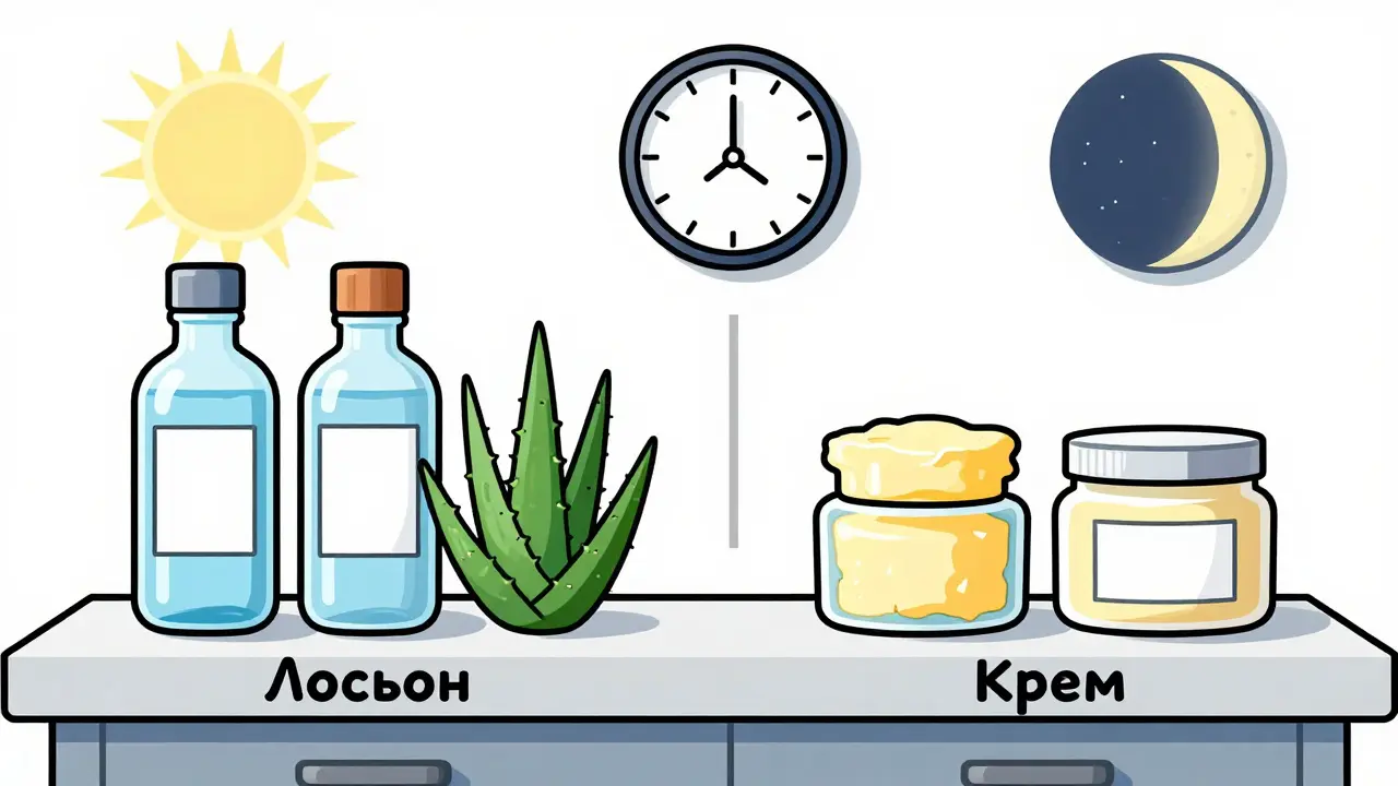 Сравнение составов лосьона и крема: водные и масляные ингредиенты на столе.