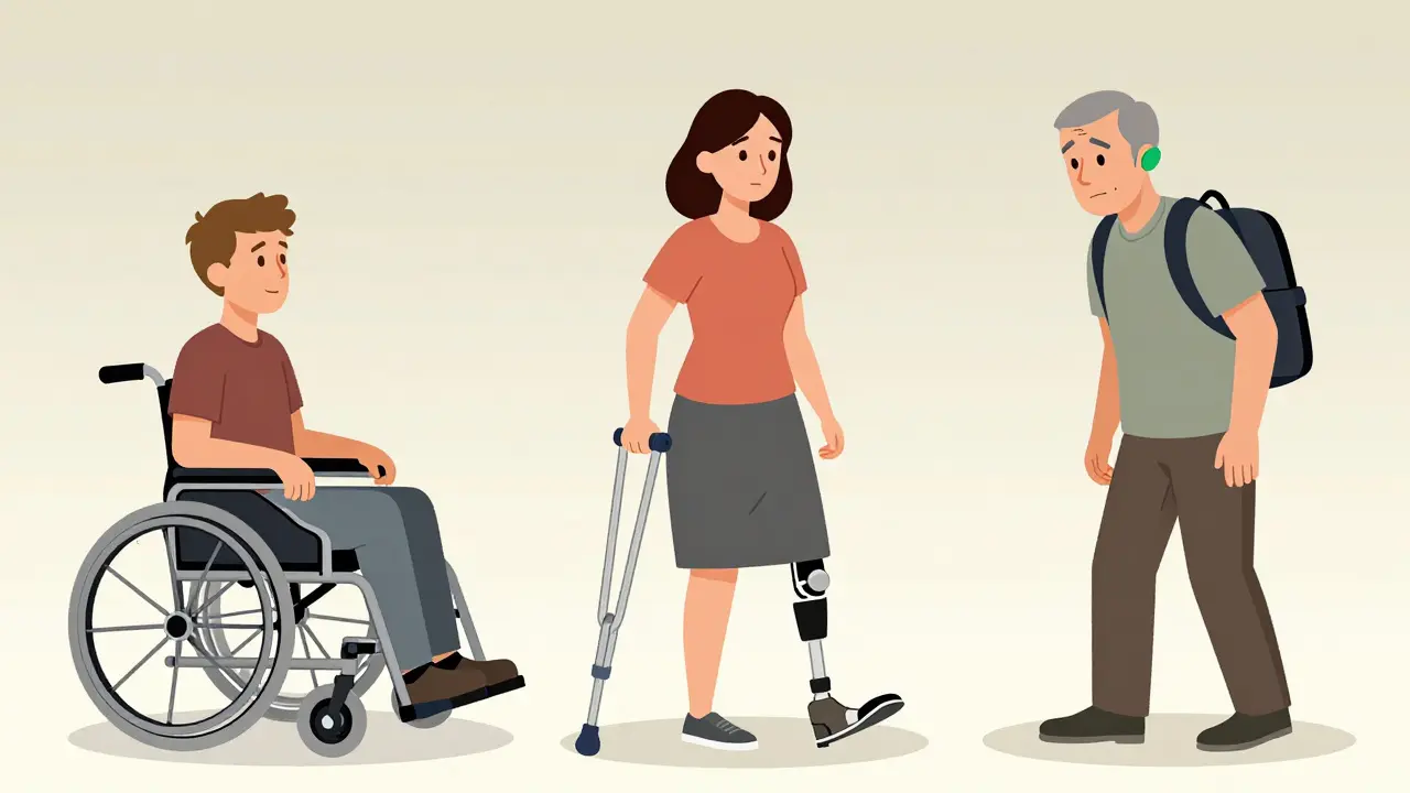 Три человека с разными степенями инвалидности в домашних обстановках с адаптивными устройствами.