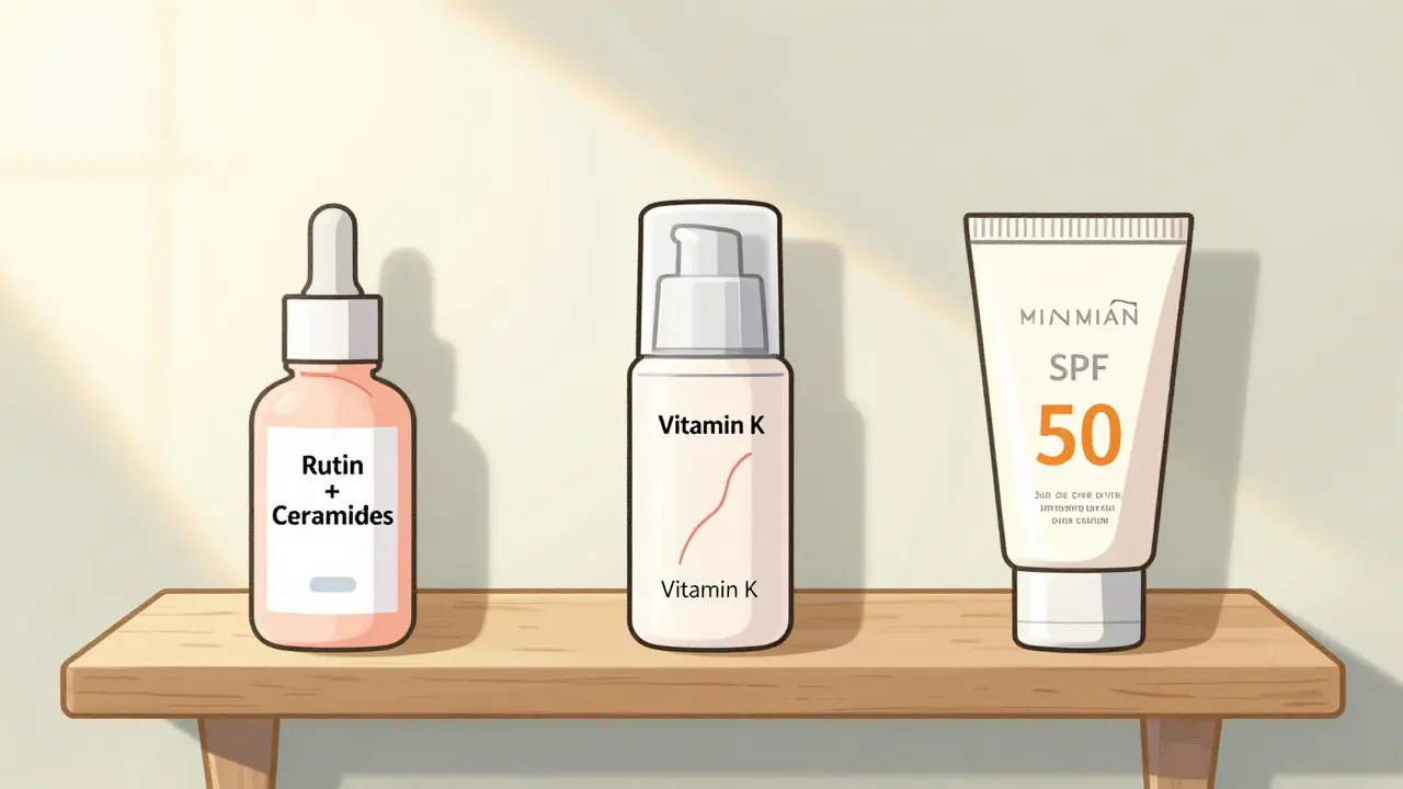 Уход за кожей: сыворотка с рутином, крем с витамином К и минеральный SPF, без агрессивных компонентов.