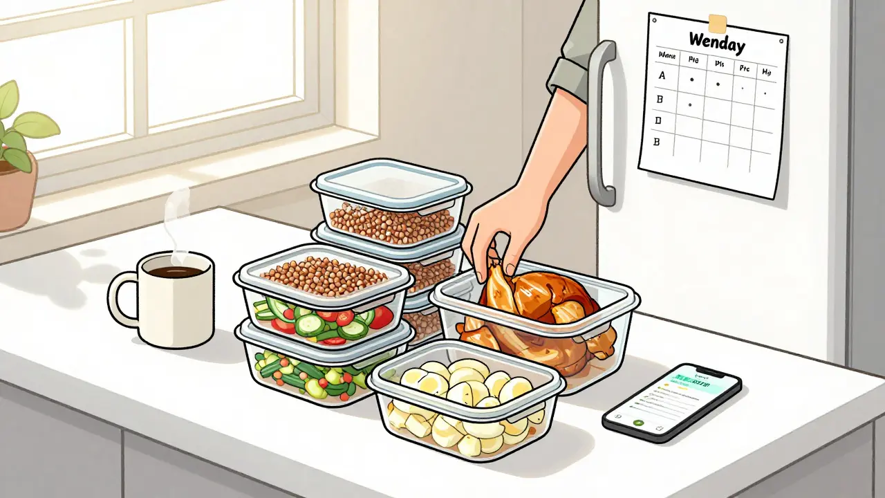 Воскресный приготовление еды: курица, гречка и овощи в контейнерах на кухне.