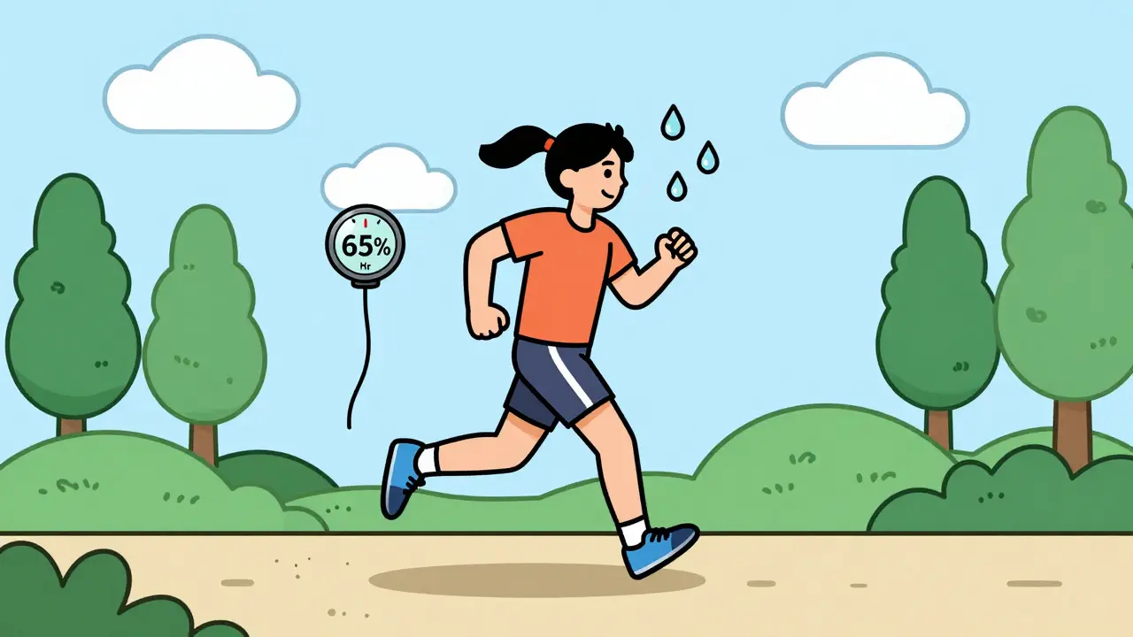 Бегун на тропе с пульсом 65% от максимума, вокруг — капли жира, превращающиеся в свет.