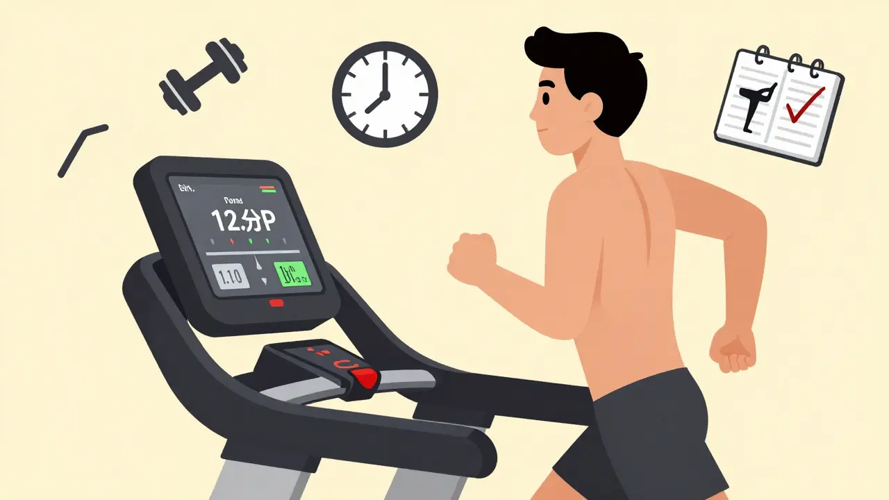 Человек бежит на беговой дорожке, вокруг — символы силы, выносливости и гибкости.