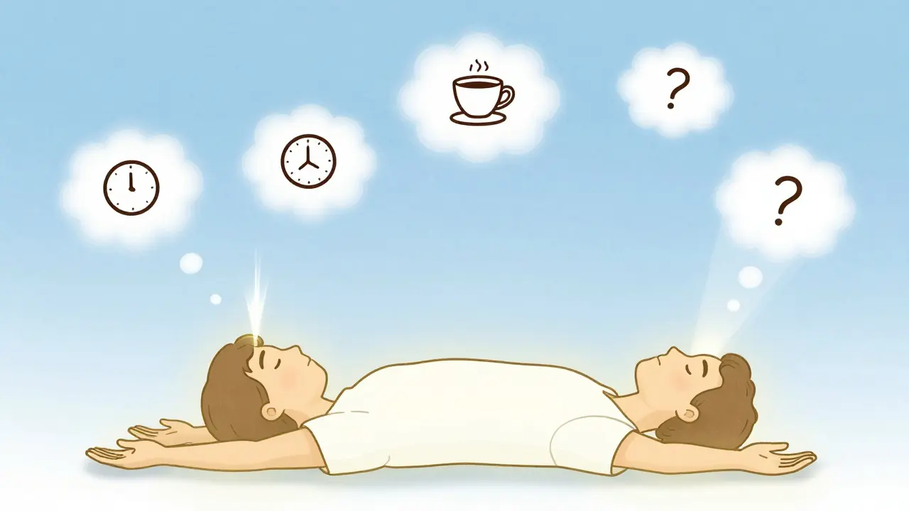 Человек лежит в позе трупа, мысли как облака плывут над ним, тело расслаблено.