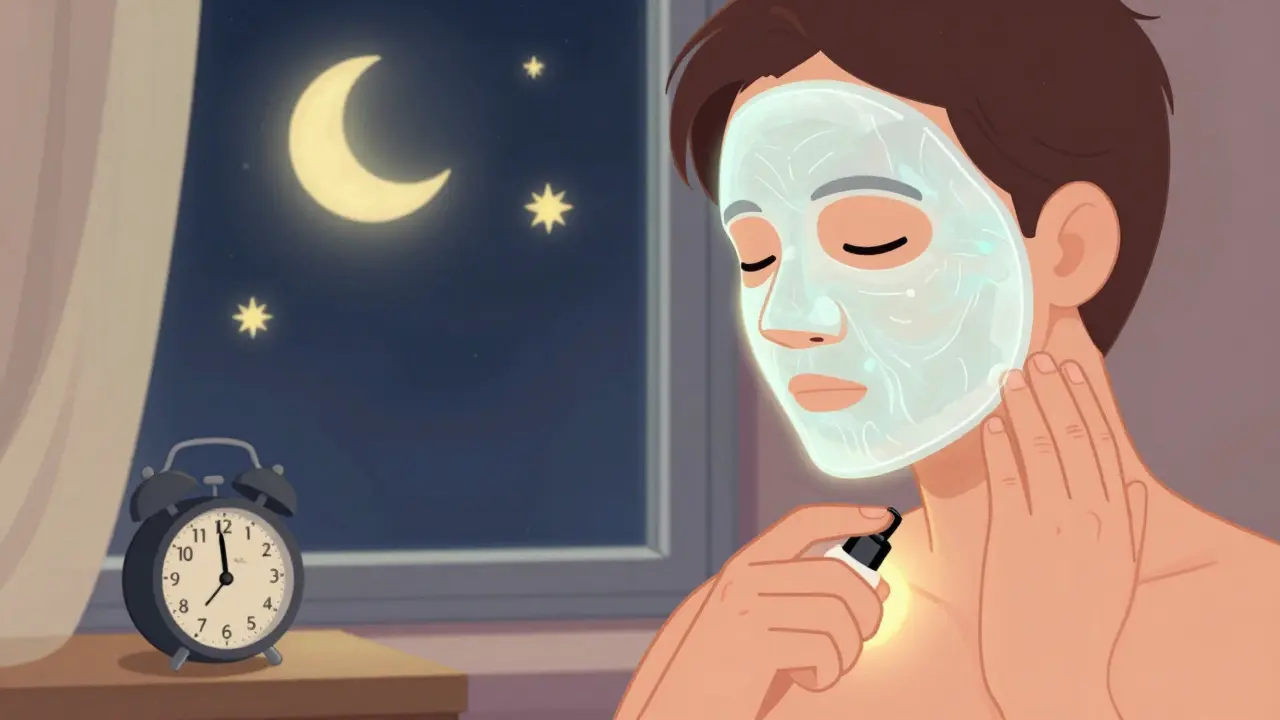 Человек наносит аромат после ночной маски, кожа светится от увлажнения, утро за окном.