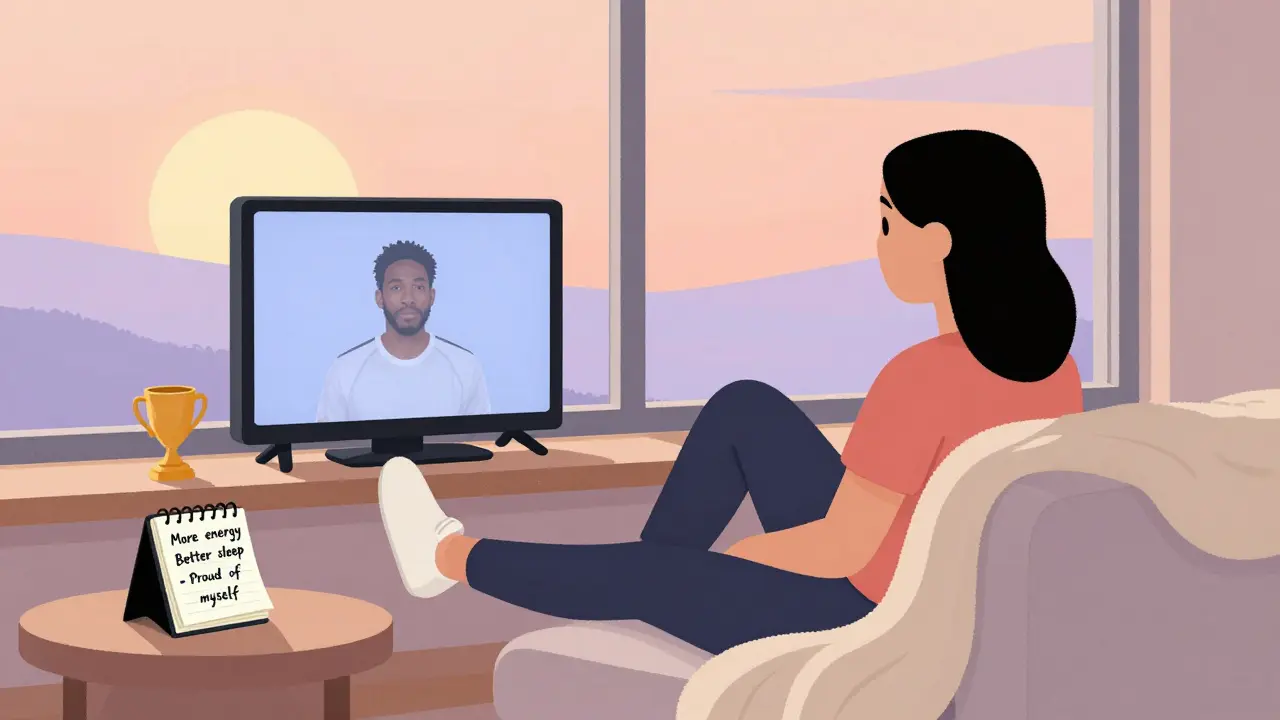 Человек отдыхает после тренировки, рядом — дневник с записями о лучшем сне и гордости.