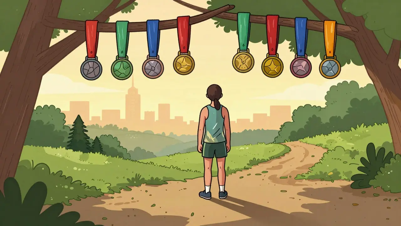 Человек стоит на тропе с шестью спортивными ремнями, как наградами за прогресс, без внешних поощрений.