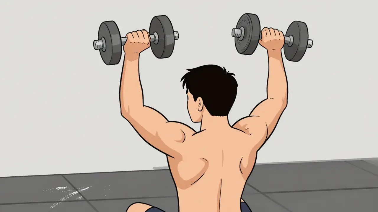 Человек выполняет фронтальные подъемы гантелей с контролем и правильной техникой.
