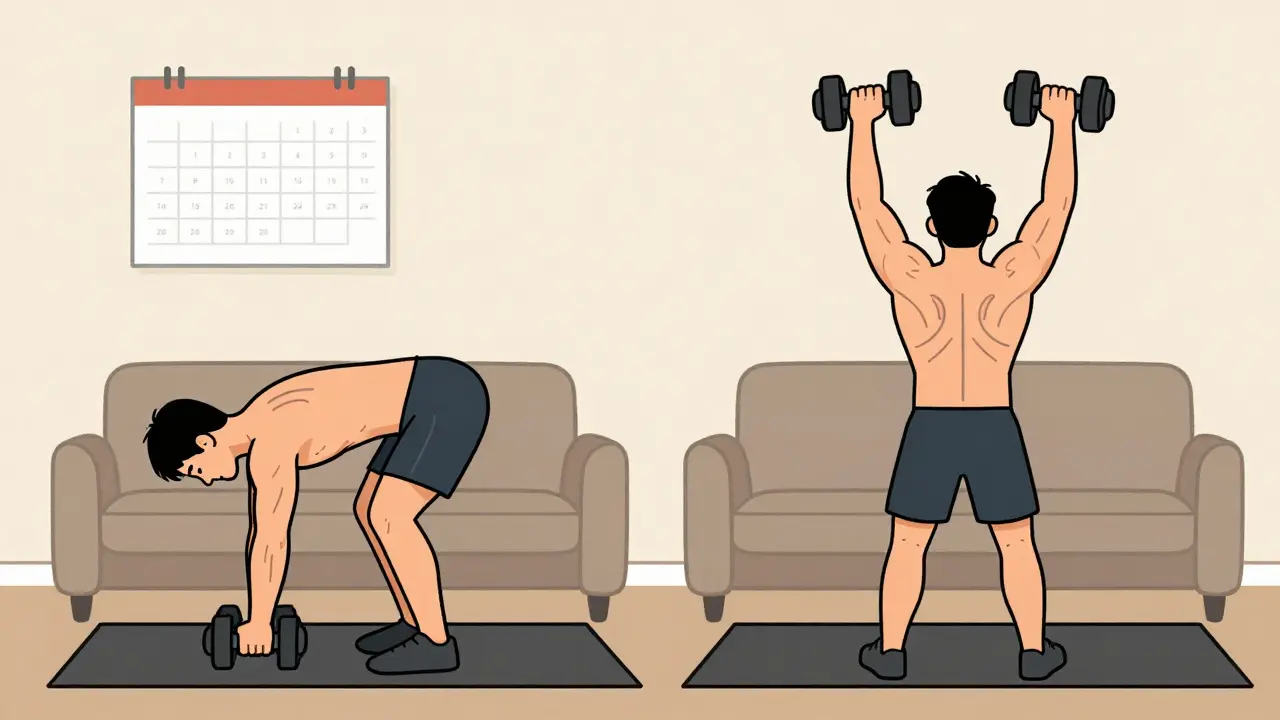 Человек выполняет тягу гантели одной рукой и армейский жим в гостиной с календарём тренировок.