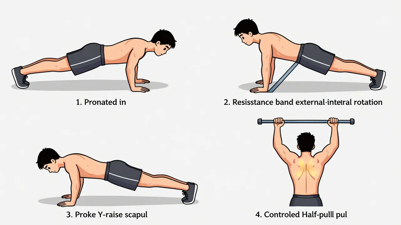 Четыре упражнения для профилактики импинджмента плеча: отжимания, вращения с эспандером, подъём рук в положении лёжа и частичные подтягивания.
