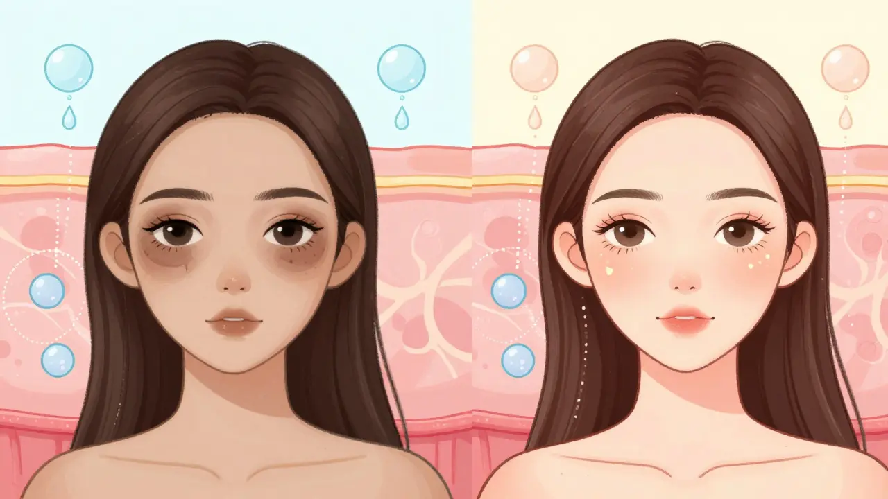 До и после карбокситерапии: одна женщина с тёмными кругами, другая — с сияющей кожей, видны газовые пузырьки.