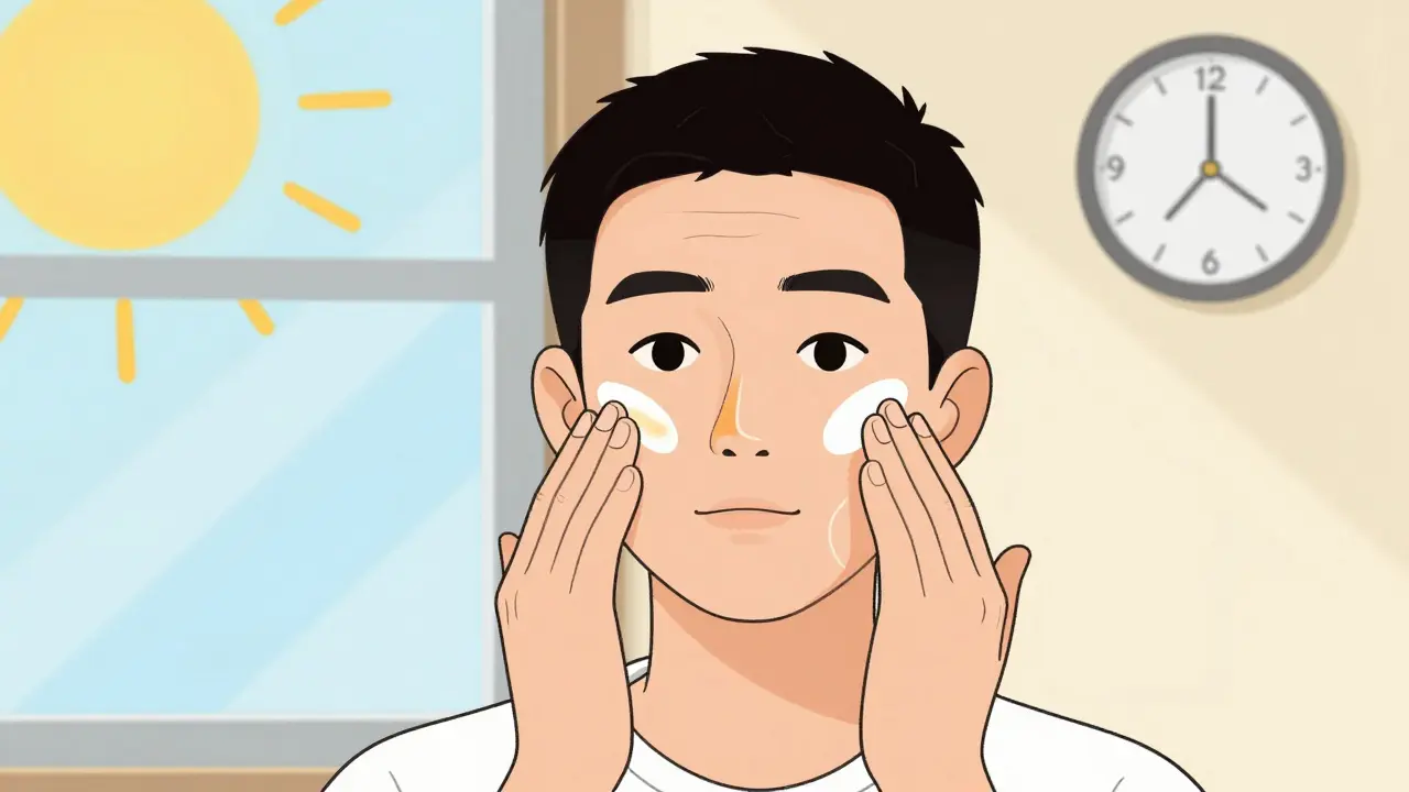 Двухэтапное нанесение крема на лицо: первый слой и второй на уши и шею, с индикатором защиты.