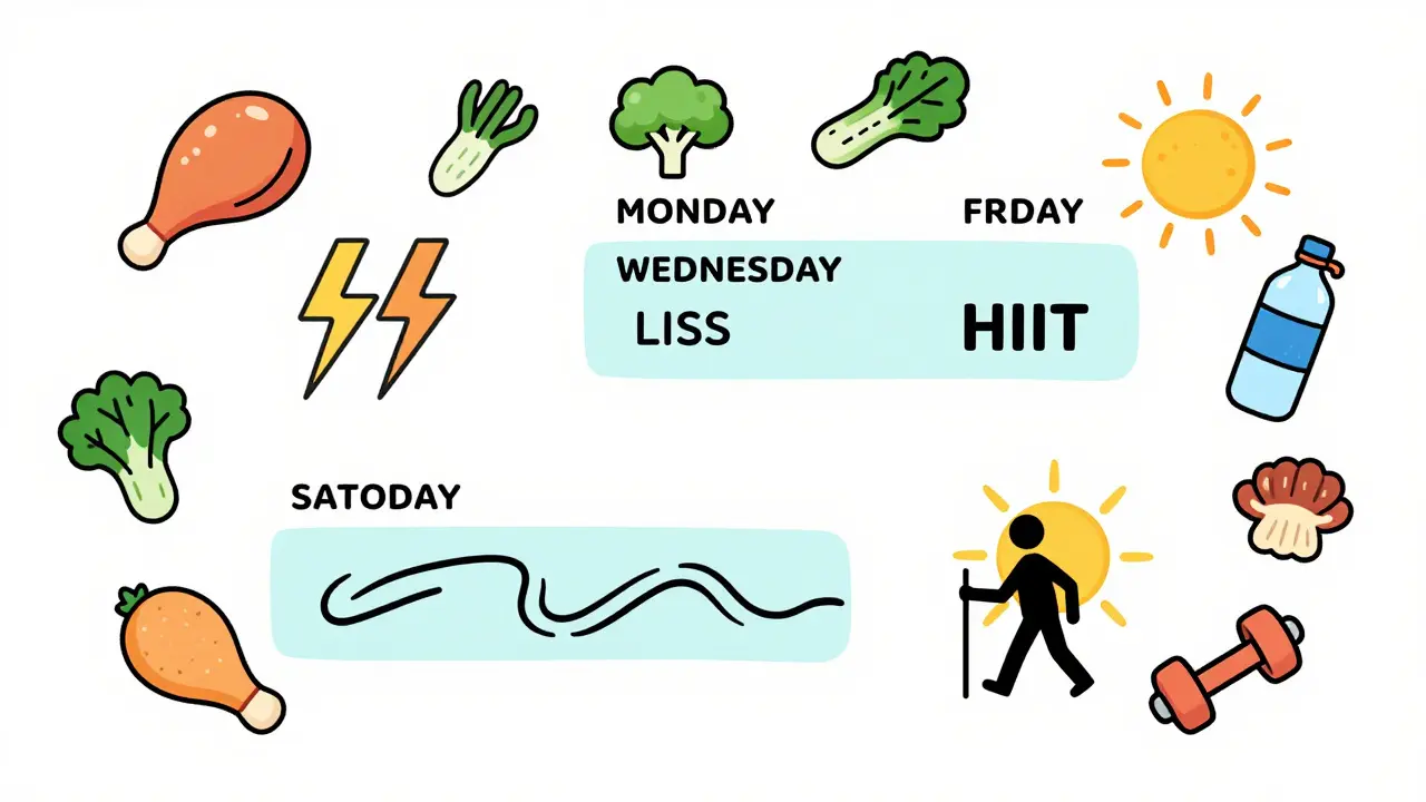 Еженедельный график тренировок с иконками HIIT, LISS и здоровой пищи.