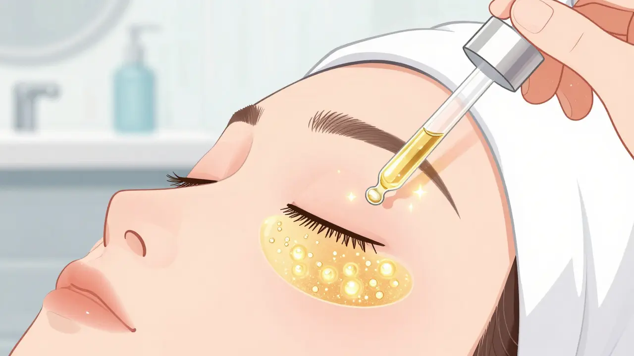 Капля сыворотки с гиалуроновой кислотой впитывается в кожу вокруг глаз, молекулы светятся, как звезды.