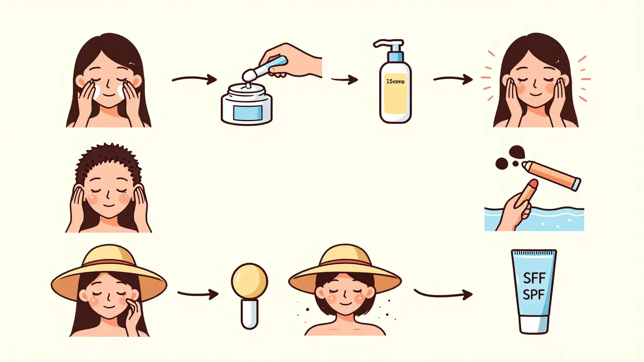 Круговая схема ежедневного ухода: нанесение, ожидание, повторение и защита от солнца даже в пасмурный день.